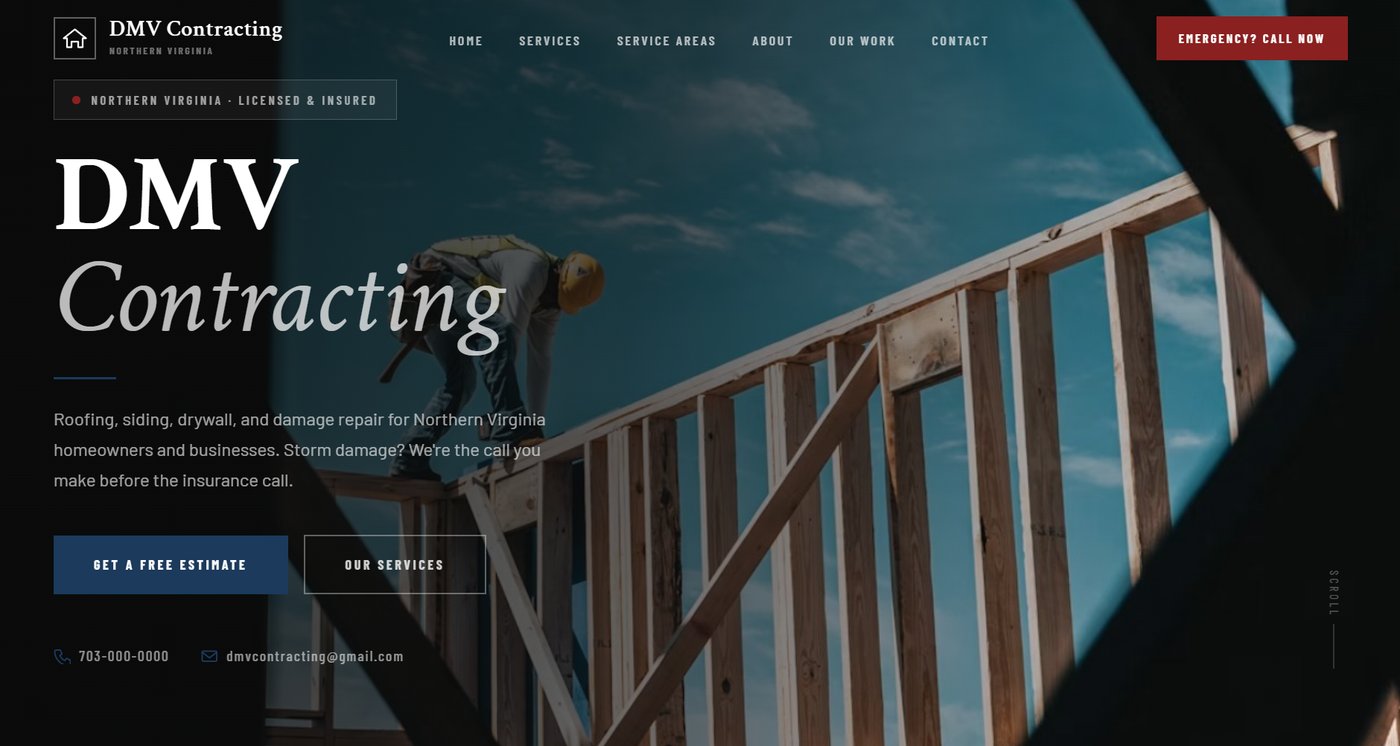 Example website mockup for a fictional contractor, DMV Contracting — not an actual client