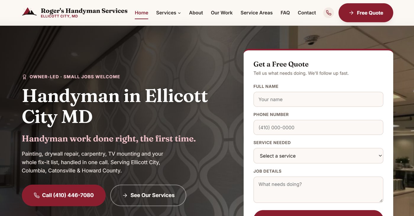 Roger's Handyman Services homepage in Ellicott City, MD, built by Covecraft Digital